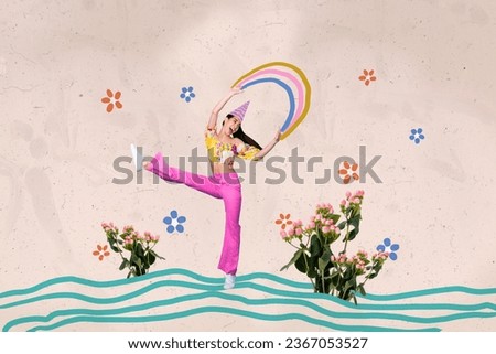 Creative composite photo collage of funny optimistic woman in birthday cone dancing celebrate holiday isolated on painting background