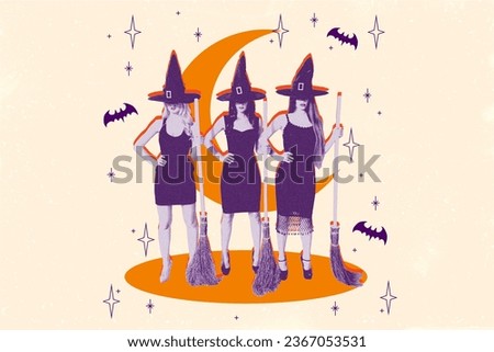 Composite creative photo collage of girls wear witch costumes hold broomsticks prepare for halloween party isolated on drawing background