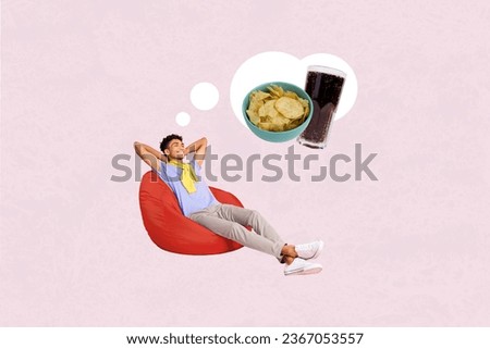 Collage picture of cheerful minded guy sit comfy beanbag think dream cola drink glass chips snack isolated on pink background