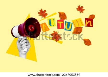 Poster image collage brochure of female male arm hold bullhorn announcement special seasonal total offer isolated on drawing background