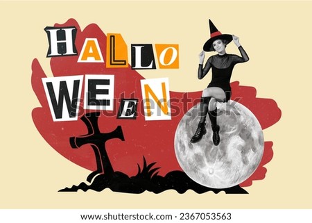 Artwork collage of mini black white effect sorcerer girl sit full moon graveyard halloween postcard isolated on beige background