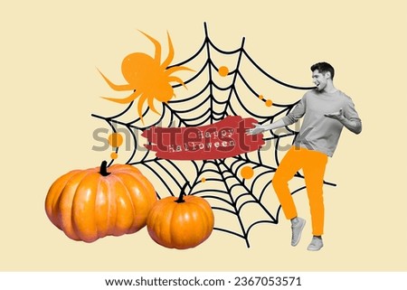Composite creative photo collage of positive fearless man look at spider on web pumpkin decoration isolated on yellow color background