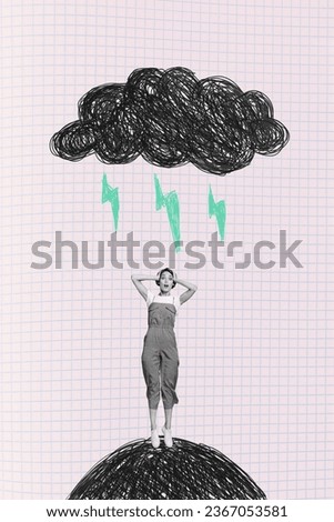 Vertical collage image of mini impressed terrified black white effect girl hands touch head big painted thunderstorm cloud lightning