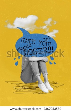 Drawing poster banner collage of weird person with hate speech bubble feel bad crying wiping Royalty-Free Stock Photo #2367053589