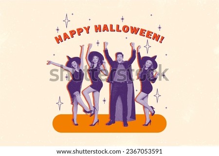Composite creative photo collage of ecstatic overjoyed people celebrate halloween party hands up dancing isolated on drawing background