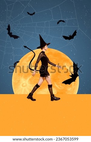 Vertical portrait collage of walking evil spooky young woman witch sorcerer black cone hat long tail demon isolated over moon background