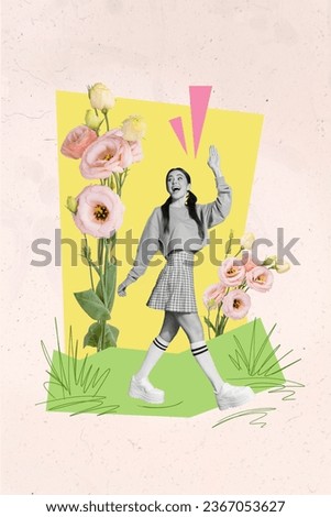Vertical collage picture of black white colors mini girl walking arm palm waving big rose flowers isolated on painted spring background