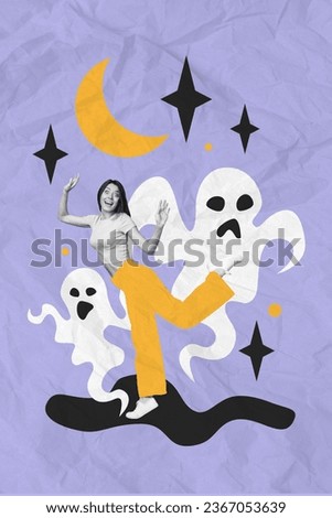Vertical collage image of astonished black white effect excited girl painted flying ghosts night sky stars moon isolated on purple paper background