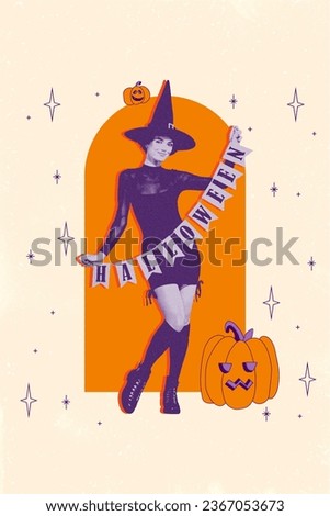 Vertical composite creative photo collage of adorable girl wear witch costume prepare for halloween isolated on painted background