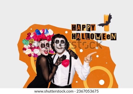 Creative trend collage of happy excited muertos mexican characters finger point text happy halloween hugging couple love cuddle fantasy