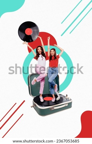 Vertical composite creative photo abstract collage of beautiful girls standing on vinyl record dancing isolated on colorful background