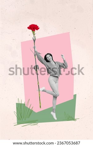 Template picture collage of happy excited lady raise fists up show red carnation flower present on 8 march