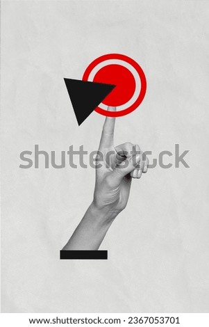 Collage 3d pinup pop retro sketch image of finger pressing red start button isolated painting background