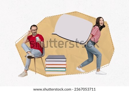 Artwork collage image of two mini people sit chair use smart phone arms hold dialogue bubble pile stack book isolated on white background Royalty-Free Stock Photo #2367053711