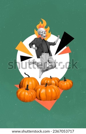Vertical composite creative 3d photo collage of ecstatic man with burning skull head jumping over pumpkin isolated on drawing background