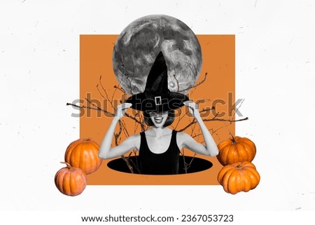 Composite creative photo abstract collage of scary woman wear touching wizard hat at halloween night isolated on painted background