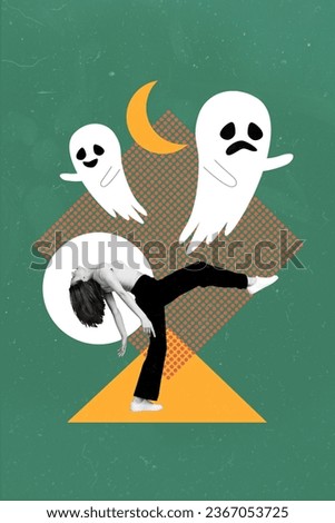 Vertical collage image of black white effect girl stand one legs dancing flying ghosts moon isolated on green background
