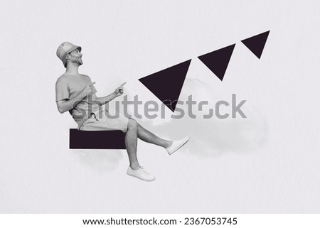 Creative virtual collage image of funny young guy fingers direction triangle shape 3d figure illustration isolated on grey color background