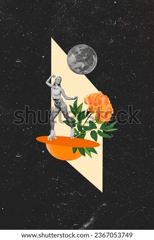 Vertical photo creative composite collage of beautiful nice girl dancing in rollers near peony flower in space isolated drawing background