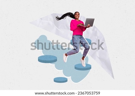 Photo collage composite picture of young workaholic woman jumper holding laptop financial strategy grow up isolated on white background