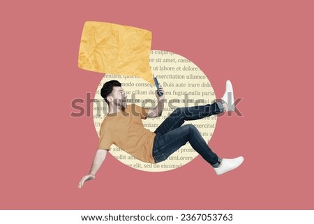 Collage of falling air funny guy using icloud app apple iphone texting receive message gadget round cloud sms isolated on pink background