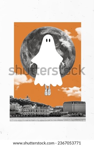 Vertical composite creative photo collage of human wear ghost costume levitating in halloween night isolated on drawing background