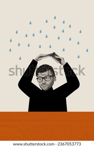 Vertical composite creative photo collage of disappointed man hold book over head hiding from rain isolated white color background