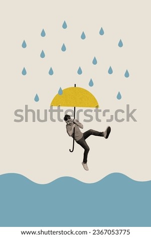 Artwork magazine collage picture of scared guy hanging umbrella afraid falling big paddle isolated beige color background