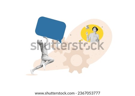 Artwork collage portrait of two mini black white effect people hold big dialogue bubble paper windmill spinner isolated on creative background