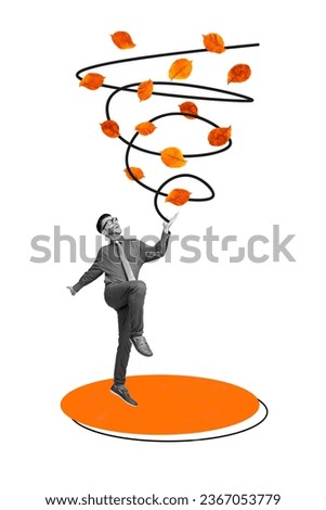 Vertical composition collage of young businessman doodle spiral illustration golden leaves guy enjoy autumn isolated on white background