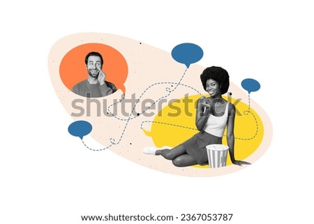 Creative composite artwork photo collage of positive satisfied people chatting discus film in comments isolated white color background