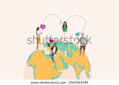Artwork collage of mini happy people use smart phone netbook communicate texting like notification web connection around world globe
