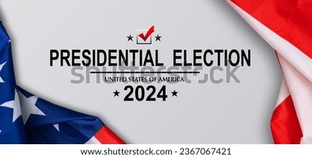 United States Elections. Beautiful invitation card for election day on the background of the US flag. Closeup, no people Royalty-Free Stock Photo #2367067421