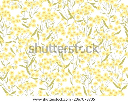 Seamless white and yellow floral pattern.  Botanical clip art. Wildflowers wreath skethc.Vector line drawn leaves and flowers branches.Vector yellow flowers. 