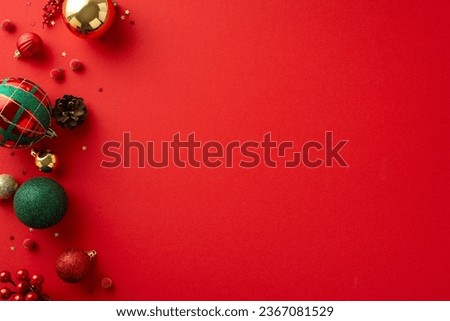 Christmas Magic: Top-down view of festive tree decorations, red, green, and gold baubles, mistletoe accents, pine cone, confetti against a red backdrop, awaiting your special holiday message