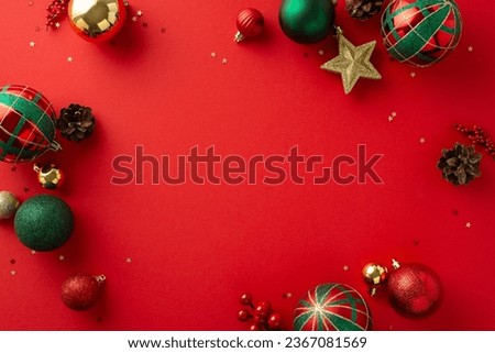 Holiday Ensemble: Overhead perspective of stylish tree ornaments, red, green, and golden balls, shimmering star, mistletoe berries, pine cones, confetti on red background, ready for seasonal greetings