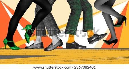Party and leisure time. Male and female legs in shoes and heels over colorful background. People dancing. Concept of retro dance, vintage, hobby, creativity, inspiration. Colorful design. Poster, ad