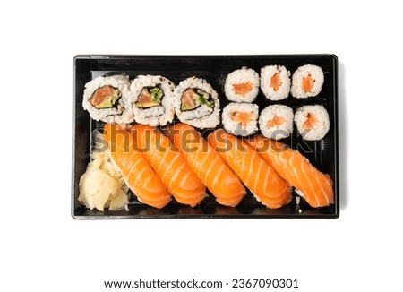 Sushi Set in Plastic Container, Take Away Salmon Susi Rolls Lunch Box, Nori Maki, Nigiri Sushi Roll Isolated Top View