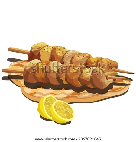 Char-grilled chicken skewers (souvlaki) with fluffy pita bread and lemon. Favorite Greek food. Vector illustration with copy space. Royalty-Free Stock Photo #2367091845