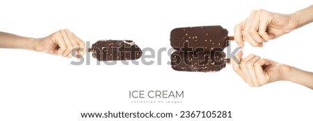 Ice cream covered with chocolate and almonds sticks in hand isolated on white background. High quality photo