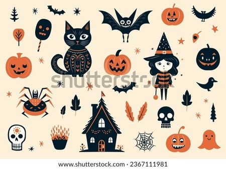 Spooky Halloween clip art set: Pumpkins, ghosts, bats, spider, witch, skull, cauldron and more for your eerie creations in vector