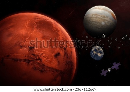 Mars, asteroid Psyche, Jupiter and Psyche spacecraft. Asteroid orbiting the Sun between Mars and Jupiter in main asteroid belt. Psyche mission. This image elements furnished by NASA.  Royalty-Free Stock Photo #2367112669