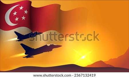 fighter jet plane with singapore waving flag background design with sunset view suitable for national singapore air forces day event vector illustration