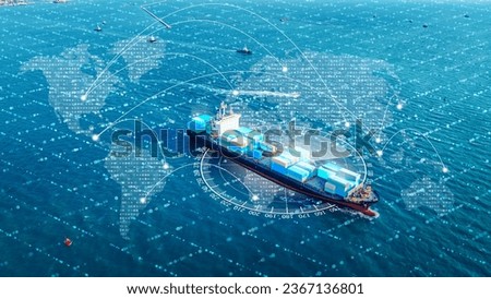 AI technology. Global Logistics international delivery concept, World map logistic and supply chain network distribution container Ship running for export import to customs cean concept isometric	