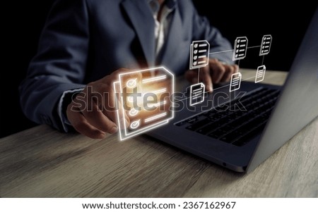 The man is sitting at a desk using the computer, the concept of taking an online test or questionnaire icon. Team satisfaction survey, service, technology use
