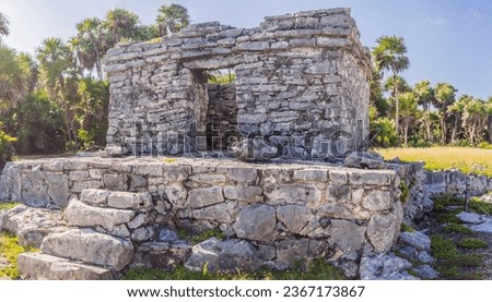 Pre-Columbian Mayan walled city of Tulum, Quintana Roo, Mexico, North America, Tulum, Mexico. El Castillo - castle the Mayan city of Tulum main temple