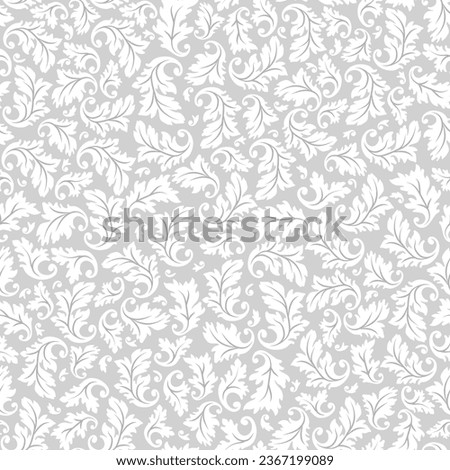 Elegant leaves silhouettes in gray and white, seamless pattern, vector