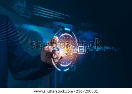 Businessman leverages the potential of Artificial Intelligence (AI) in data analysis, automation, and marketing, chatbots in elevating customer engagement while turning raw information into insights Royalty-Free Stock Photo #2367200331