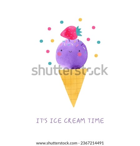 Cute hand drawn watercolor illustration with cartoon ice cream. Awesome summer card