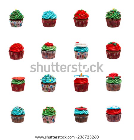 A lot of tasty cupcakes with sprinkles, chocolate. Christmas Concert. Isolated on white background